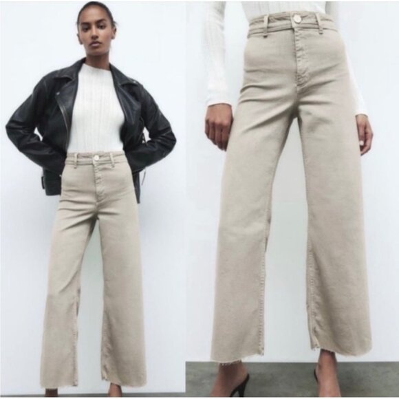 Zara Wide Leg Sailor Ecru Jeans Light Khaki Size 10 Stretchy Pants Raw Hem - Picture 1 of 7